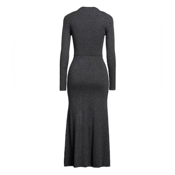SANDRO Ruched ribbed knit wool-blend mock neck midi long sleeve sweater dress - Picture 3 of 4